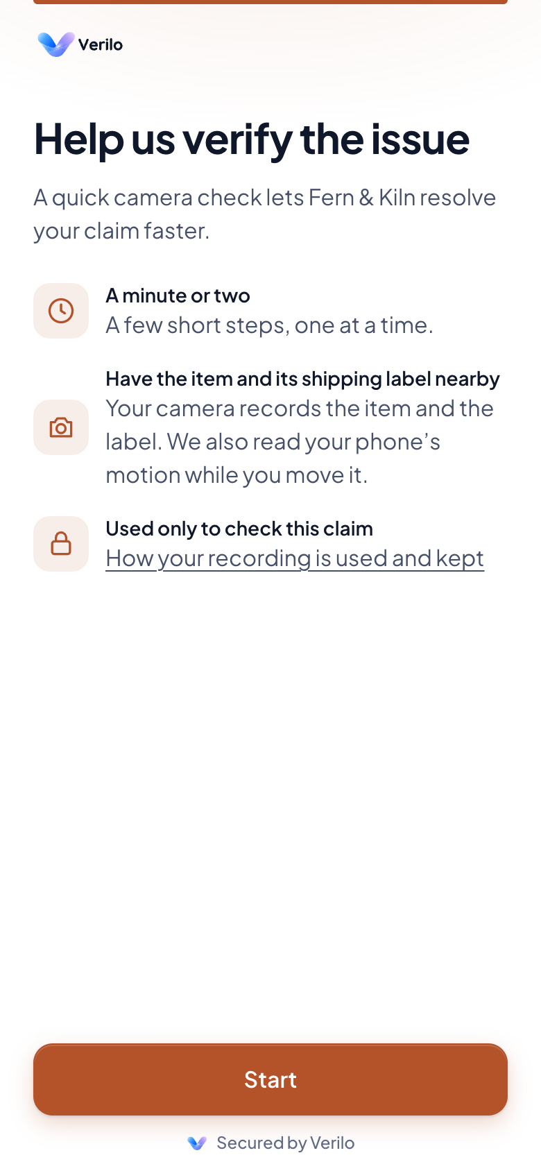 The first screen the customer sees on their phone: "Help us verify the issue", with a Start button.