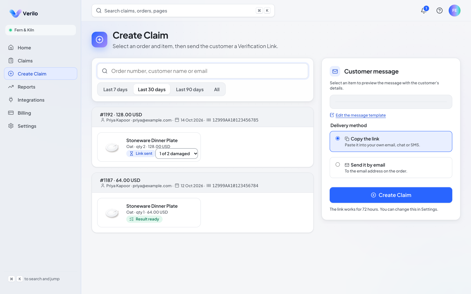 The Create Claim page in the Verilo dashboard: an order search, the order's items, and the Create Claim button. The Create Claim button is highlighted.