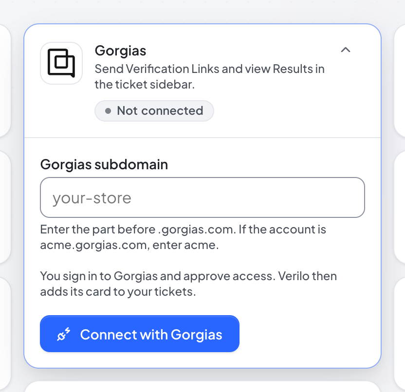The Gorgias card on the Verilo Integrations page before connecting, with the Gorgias subdomain field and the Connect with Gorgias button.