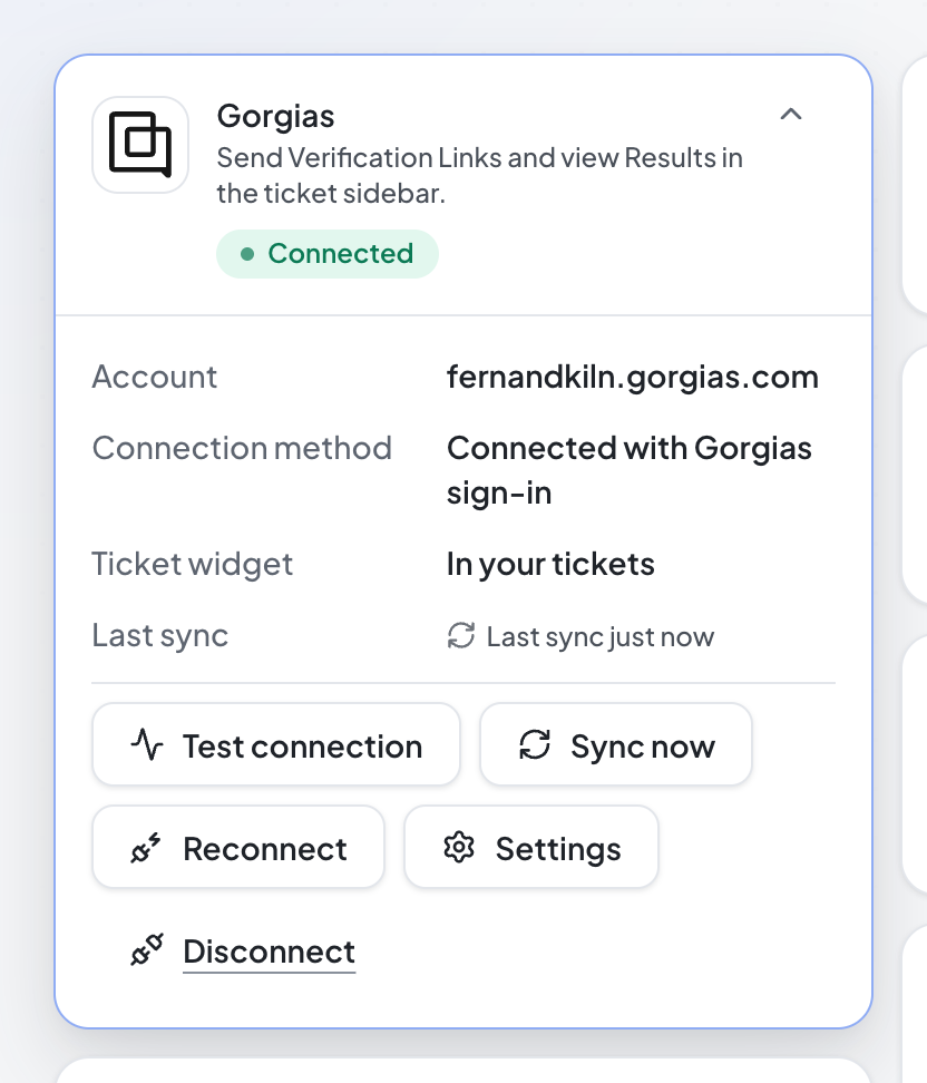 The Gorgias card on the Verilo Integrations page, showing Connected, the account, Connected with Gorgias sign-in, the ticket widget and the last sync, with Test connection, Sync now, Reconnect, Settings and Disconnect.