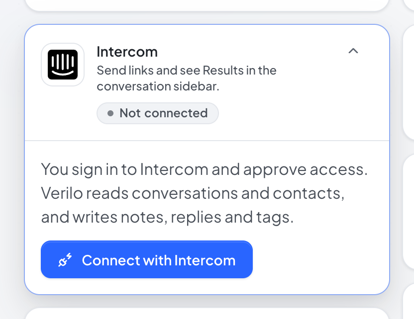 The Intercom card on the Verilo Integrations page, with the Connect with Intercom button.
