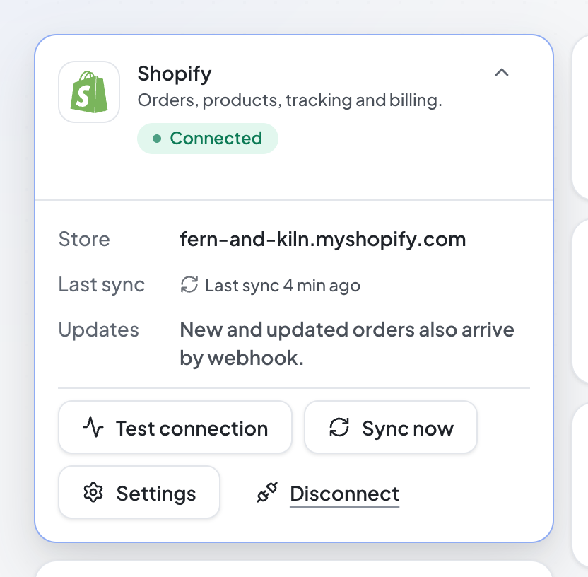 The Shopify card on the Verilo Integrations page: Connected, the store, the last sync, and the Test connection and Sync now buttons.