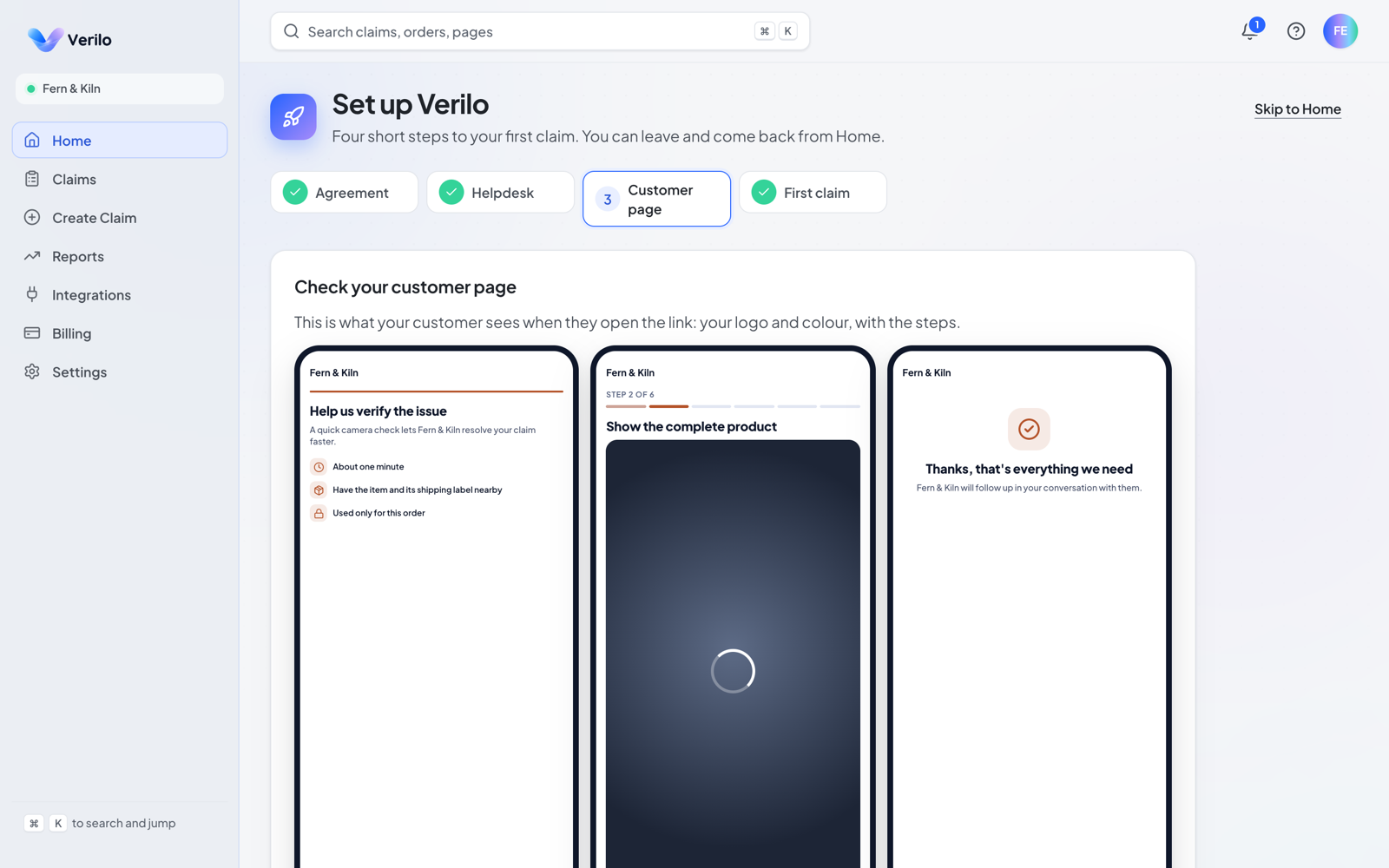 The Set up Verilo page in the Verilo dashboard, with four steps: Agreement, Helpdesk, Customer page and First claim.