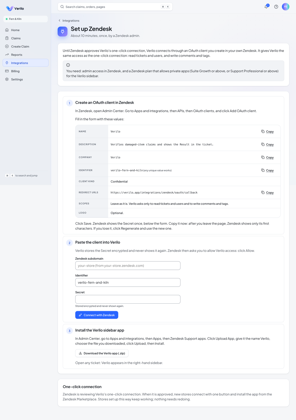 The Set up Zendesk page in Verilo, with three numbered steps and the values to copy into the Zendesk OAuth client form.