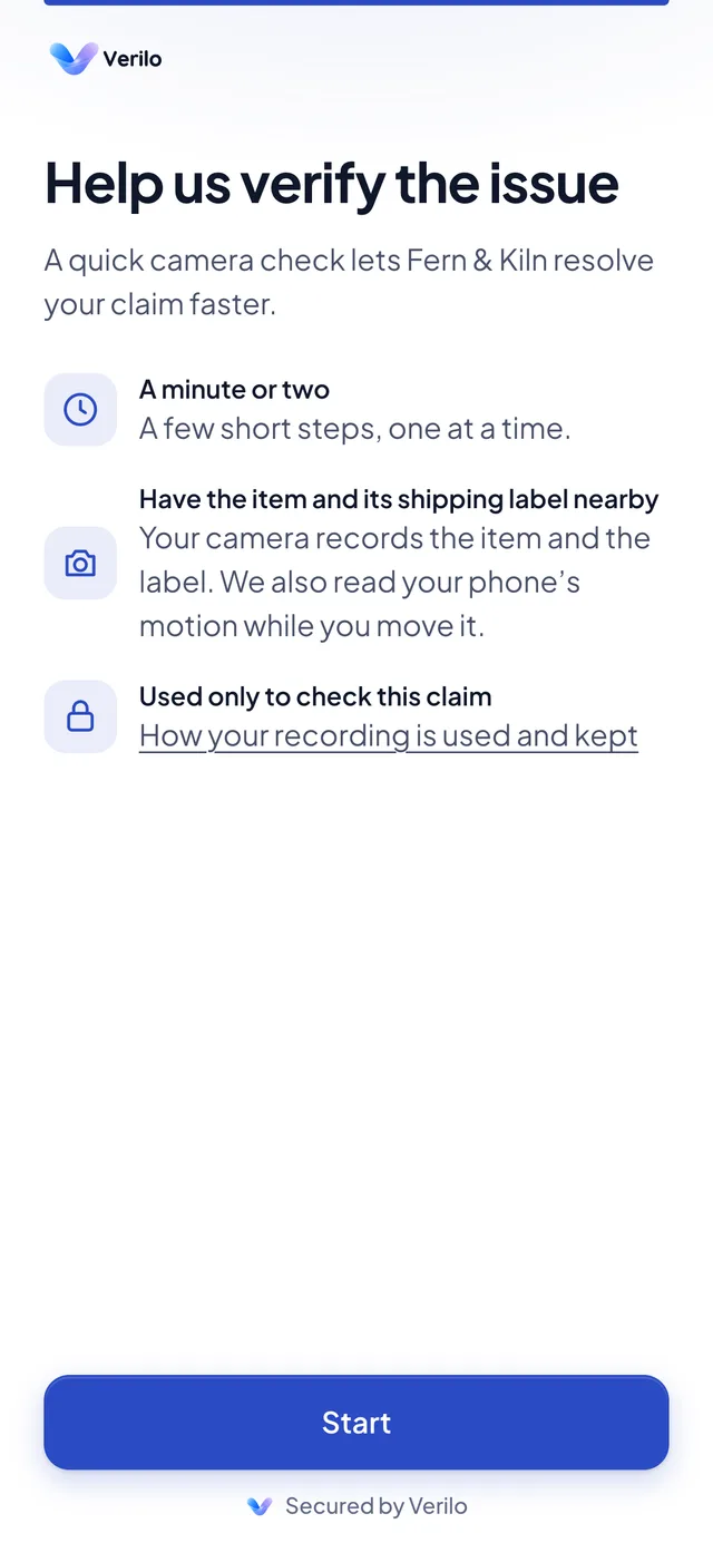 The customer's first screen: What the customer sees when they open the Verification Link on their phone.