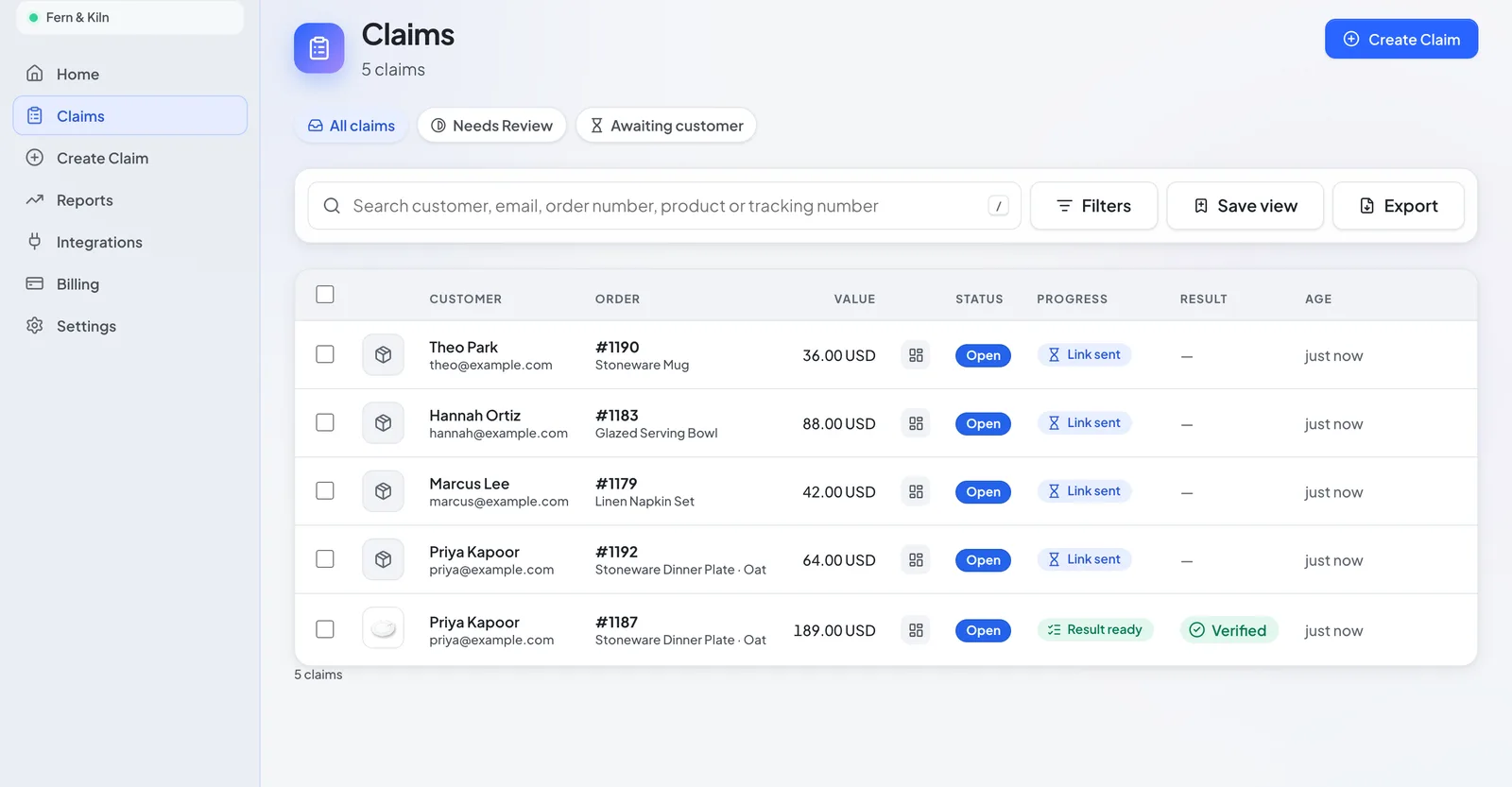 Claims: Every claim with its progress and Result. Verilo dashboard, demo store.