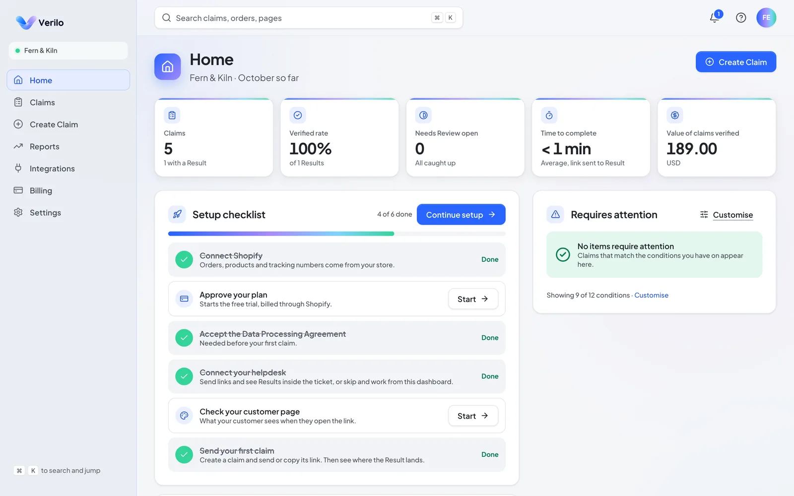 Merchant home: The month at a glance and the setup checklist. Verilo dashboard, demo store.