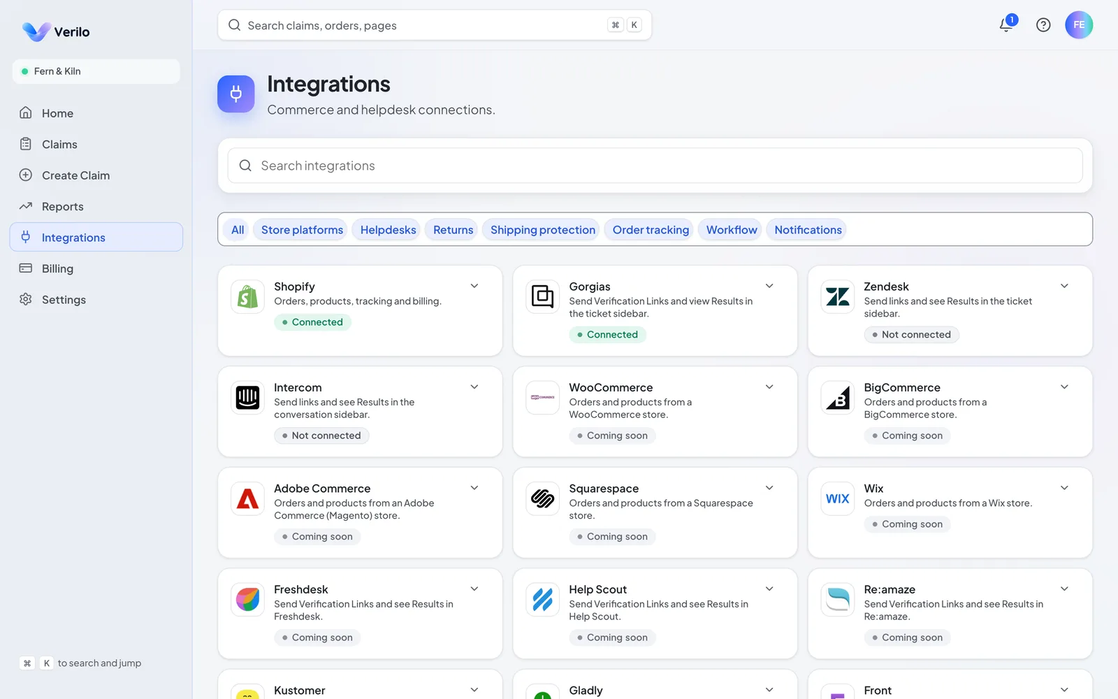 Integrations: Shopify and the helpdesks Verilo connects to. Verilo dashboard, demo store.