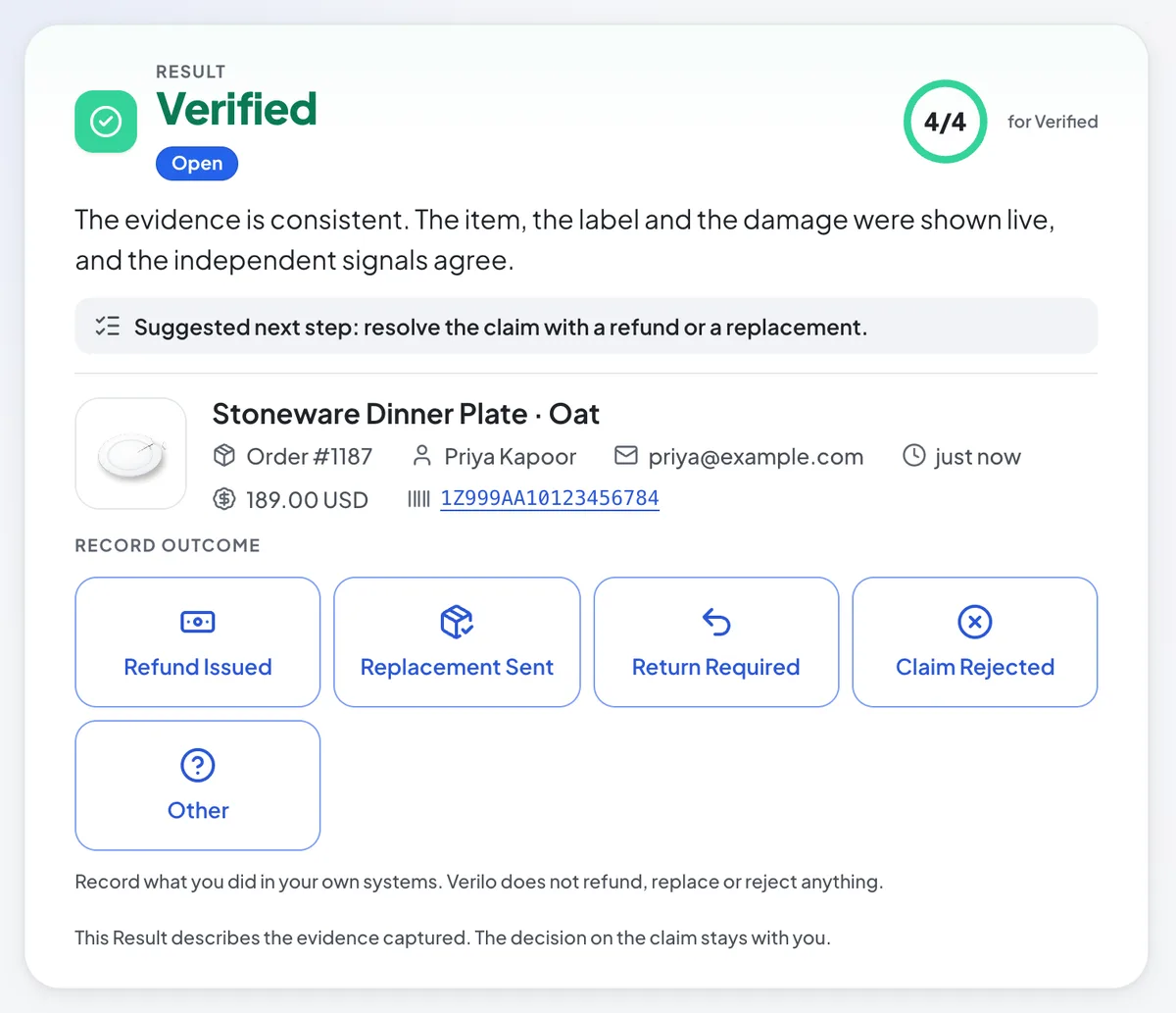 A Verified Result in the Verilo dashboard, with the order, the customer and the Outcome choices.